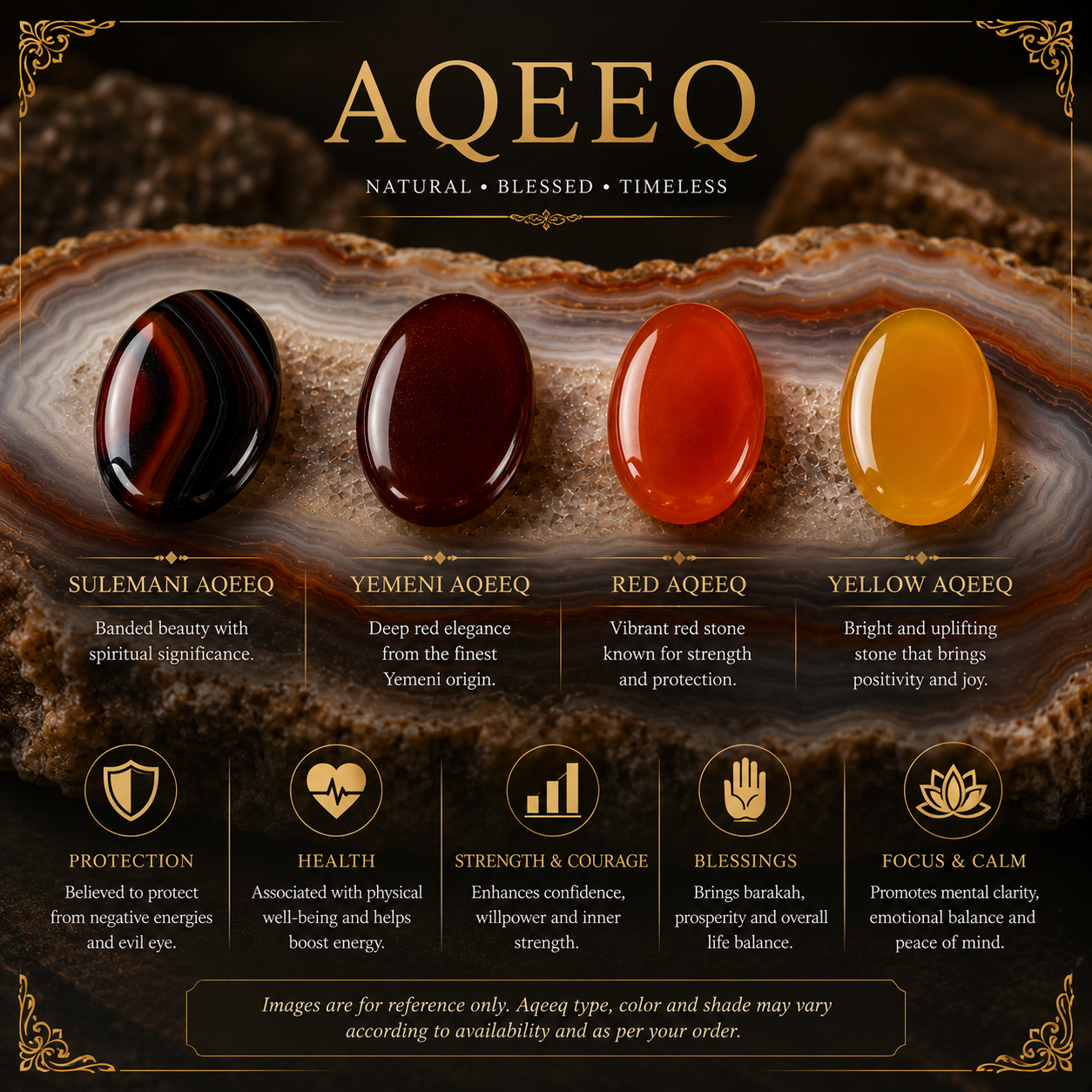 Display of AQEEQ gemstones with descriptions and benefits on a dark background.
