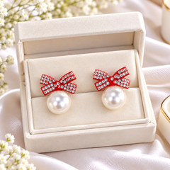 Bow Pearl Studs (Red)