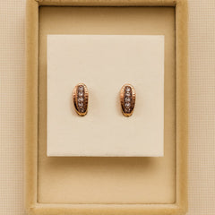 Pair of rose gold earrings with brown gemstones on a beige display box.