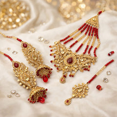 Gold Plated Maroon Kundan Jhumka with Earrings & Bindiya (Bridal Bundle)
