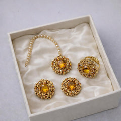 Gold Plated Golden Studs Earrings & Bindiya With Adjustable Ring-02 (Golden)