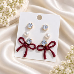 Bow Earring Trio Set (Maroon)