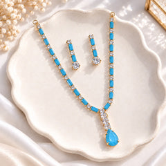 Zircon Necklace-64 (Golden/Ferozi)