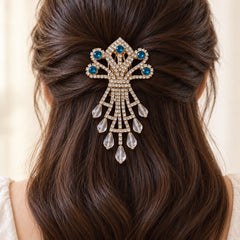 Rhinestone Hair Brooch-02 (Golden/Blue)