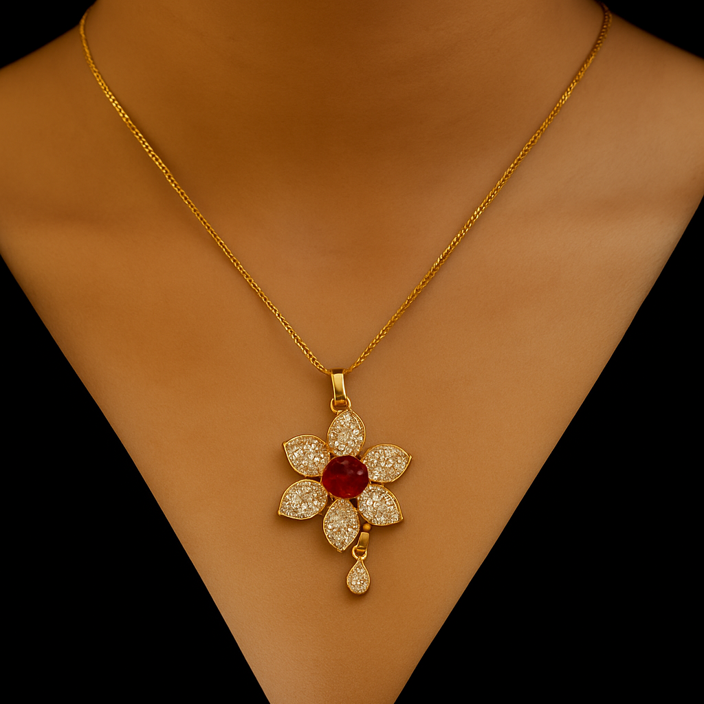 Gold necklace with a floral pendant featuring a red gemstone on a black background