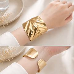 Metallic Texture Gold-Tone Stainless Steel Cuff Bracelet-19