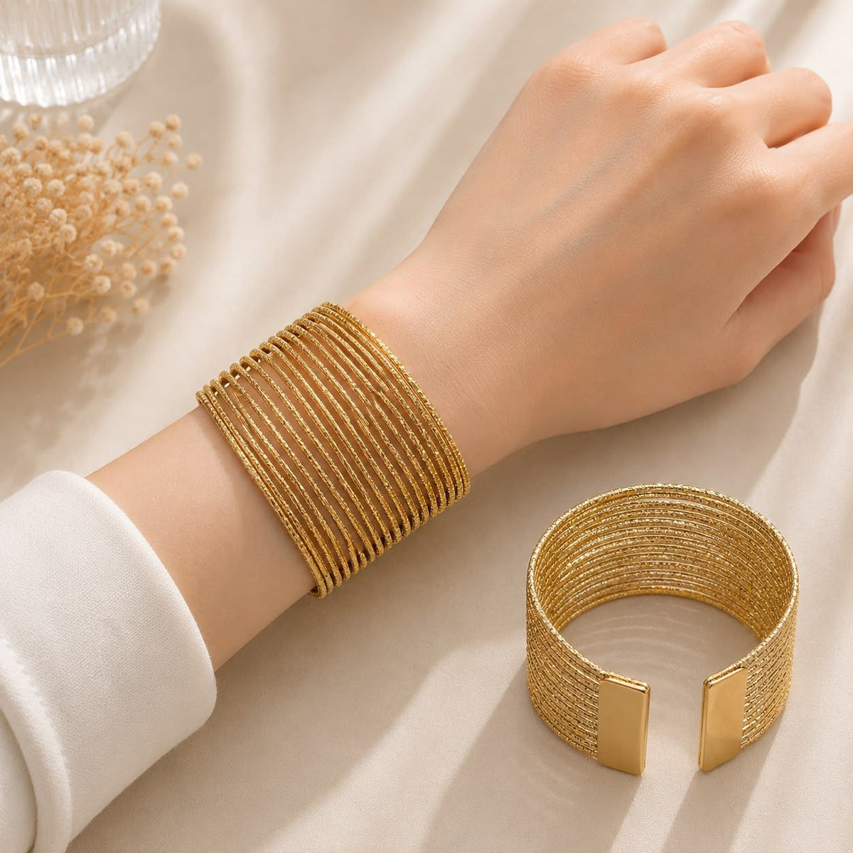 Metallic Texture Gold-Tone Stainless Steel Cuff Bracelet-20