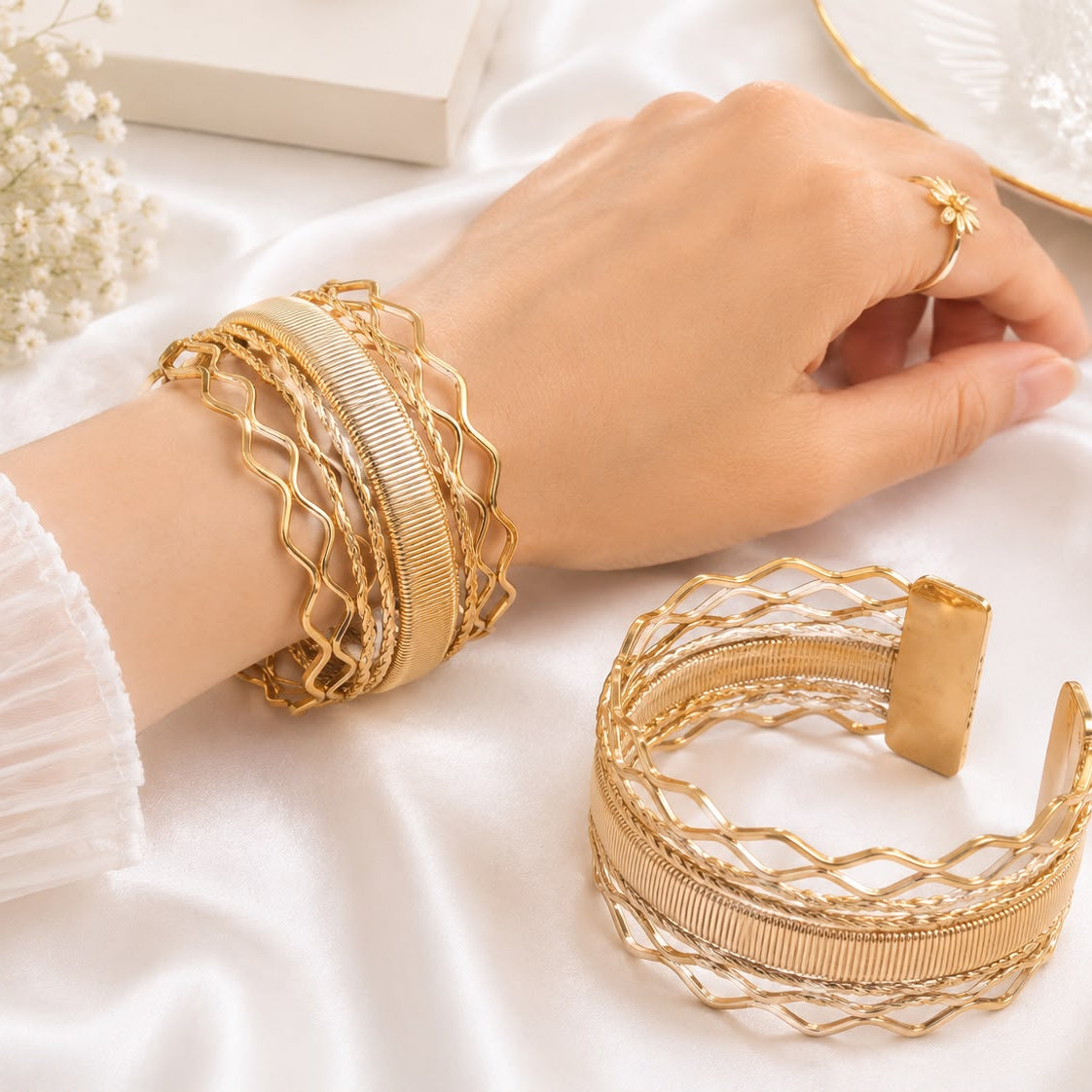 Metallic Texture Gold-Tone Stainless Steel Cuff Bracelet-28