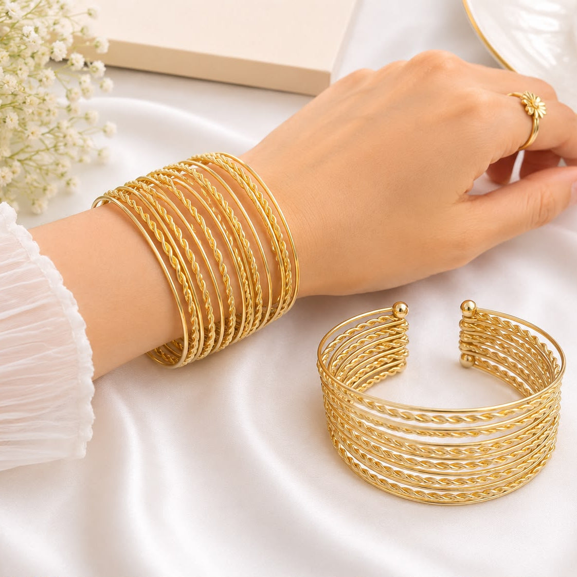 Metallic Texture Gold-Tone Stainless Steel Cuff Bracelet-25