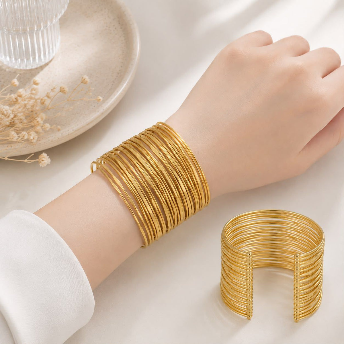 Metallic Texture Gold-Tone Stainless Steel Cuff Bracelet-24