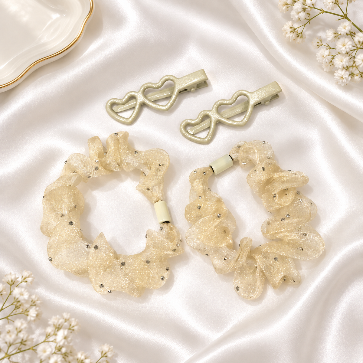 Ruffle Pony & Hair Clip Set (Ivory)
