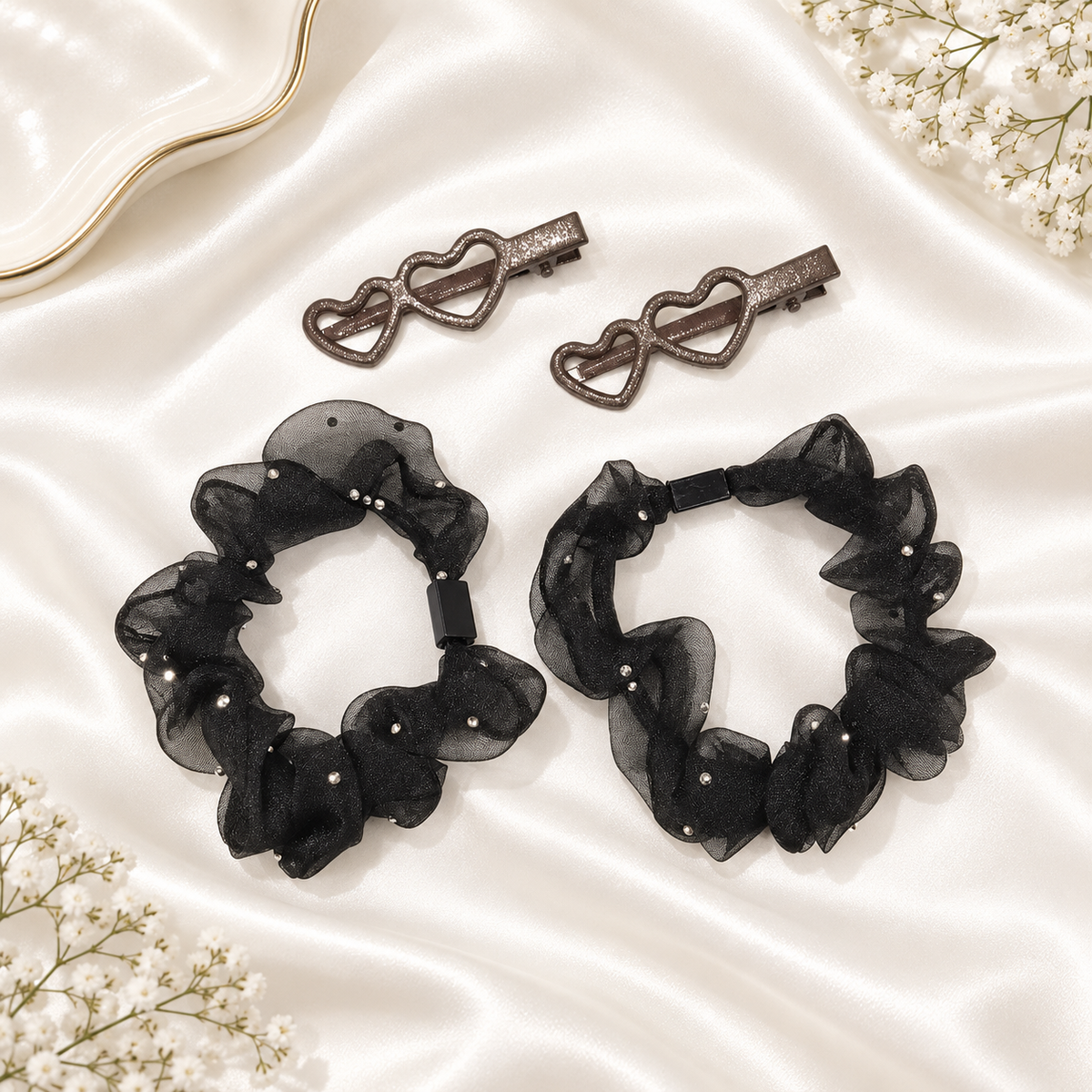 Ruffle Pony & Hair Clip Set (Black)