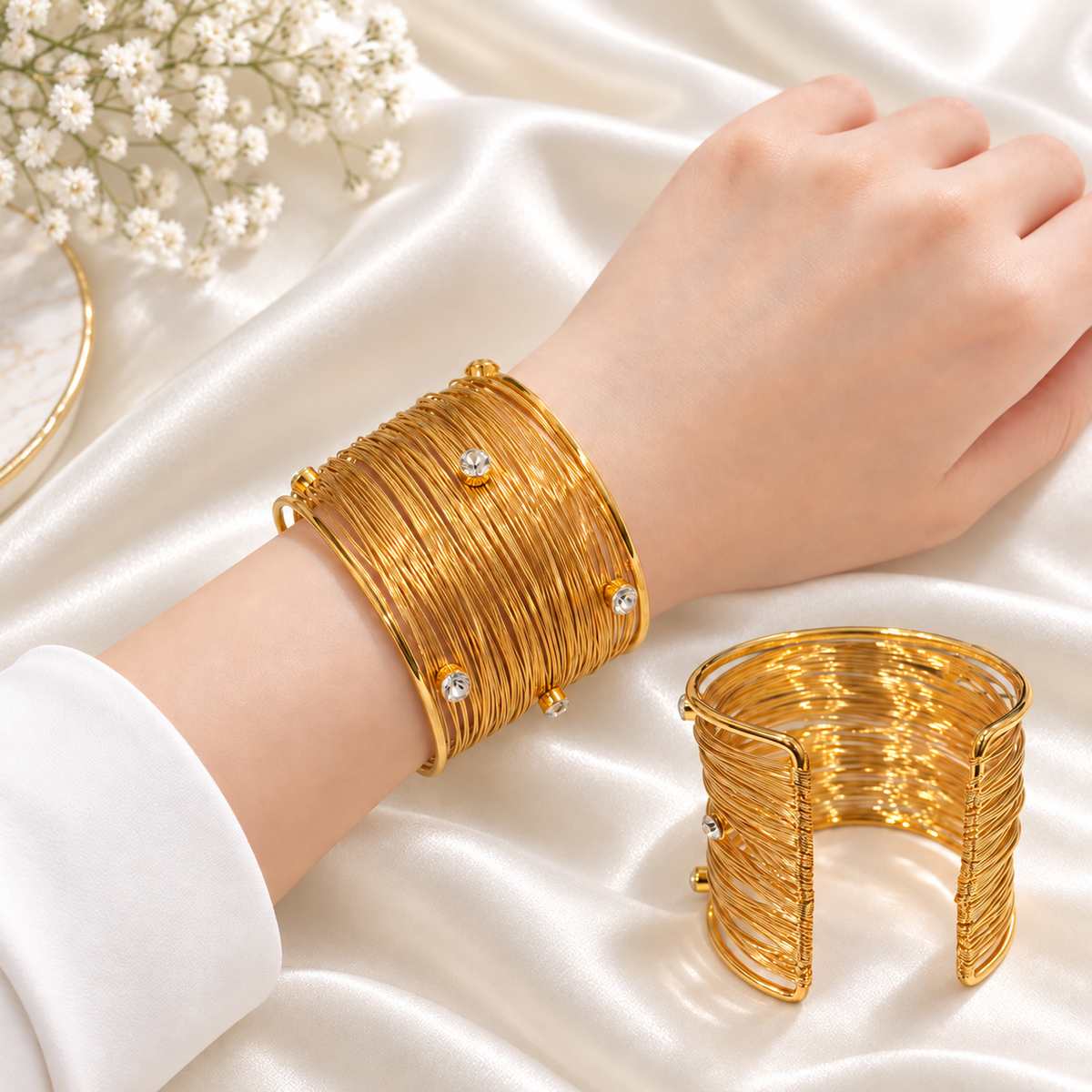 Metallic Texture Gold-Tone Stainless Steel Cuff Bracelet-33