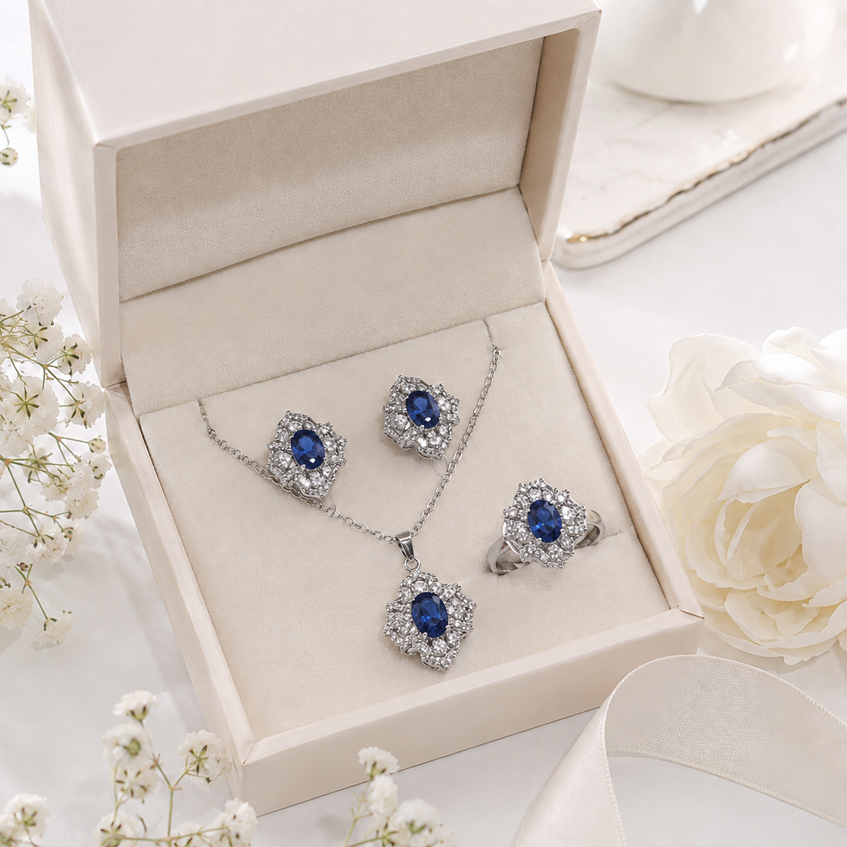 Zircon Locket Set-198 (Silver/Blue)