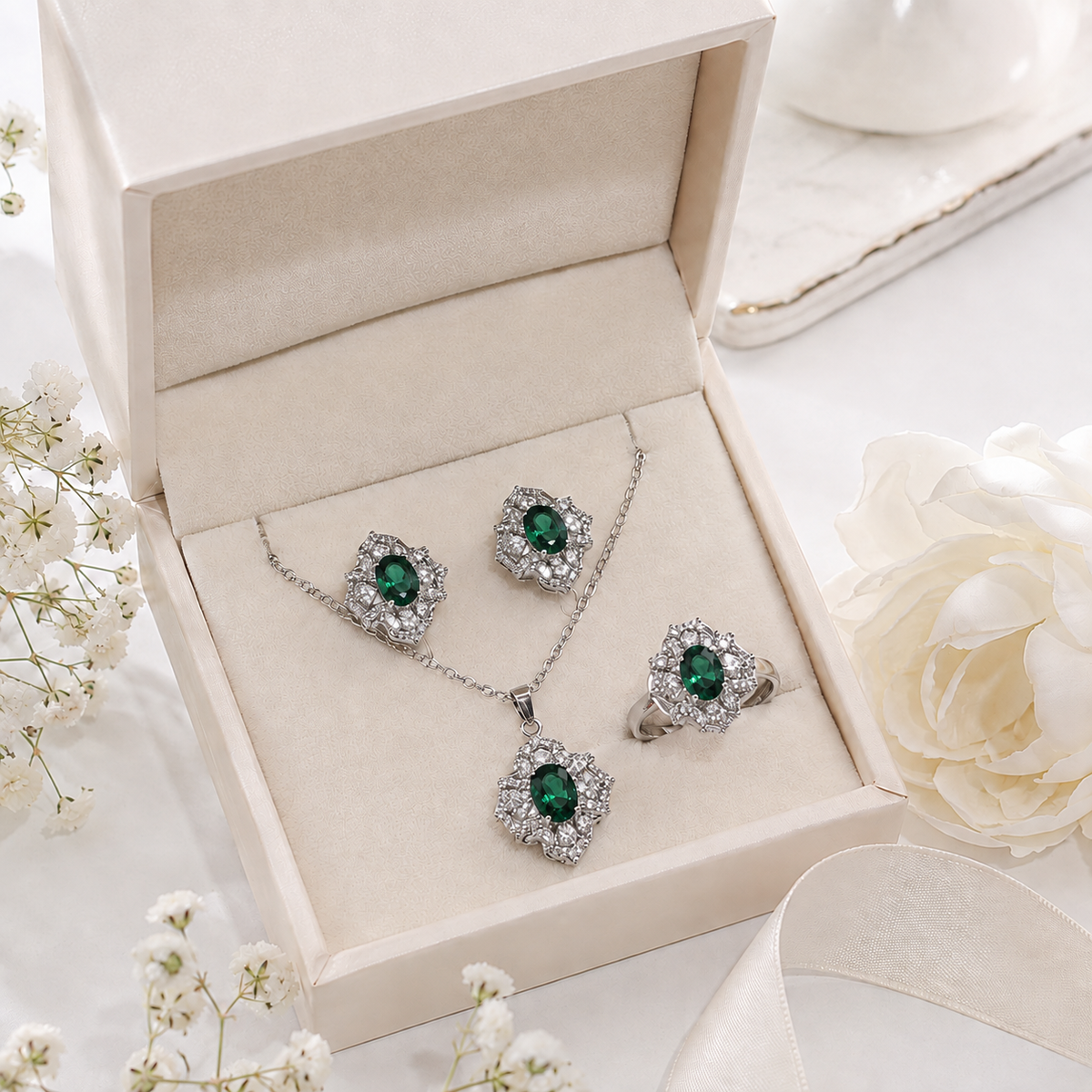 Zircon Locket Set-198 (Silver/Green)