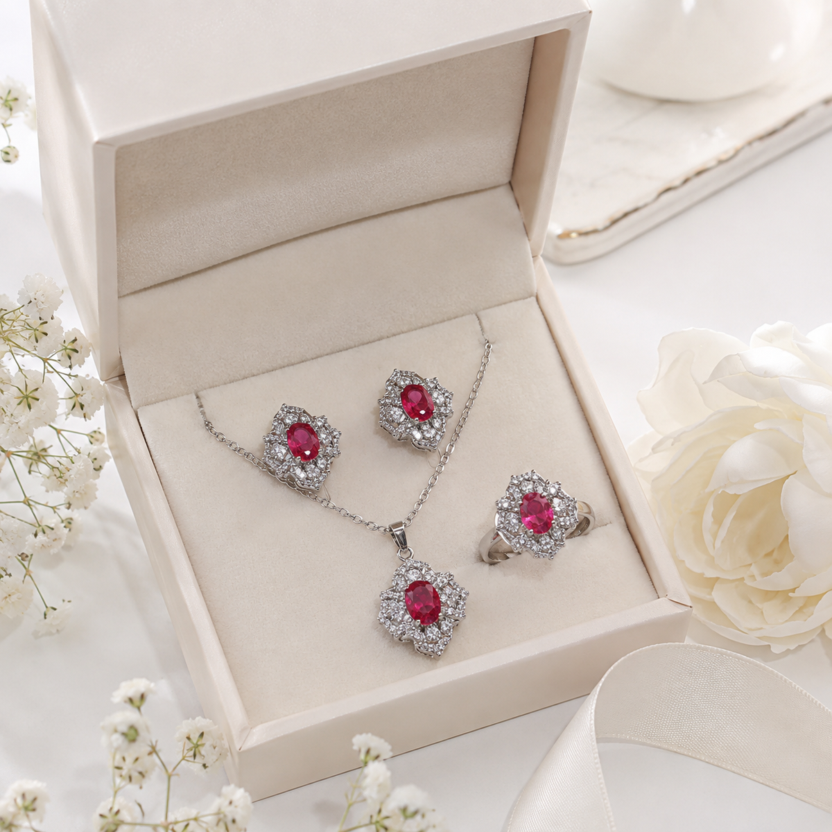 Zircon Locket Set-198 (Silver/Pink)