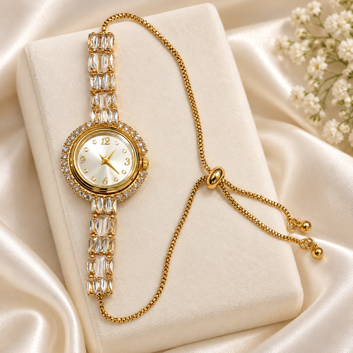 Zircon Adjustable Watch-06 (Golden/White)