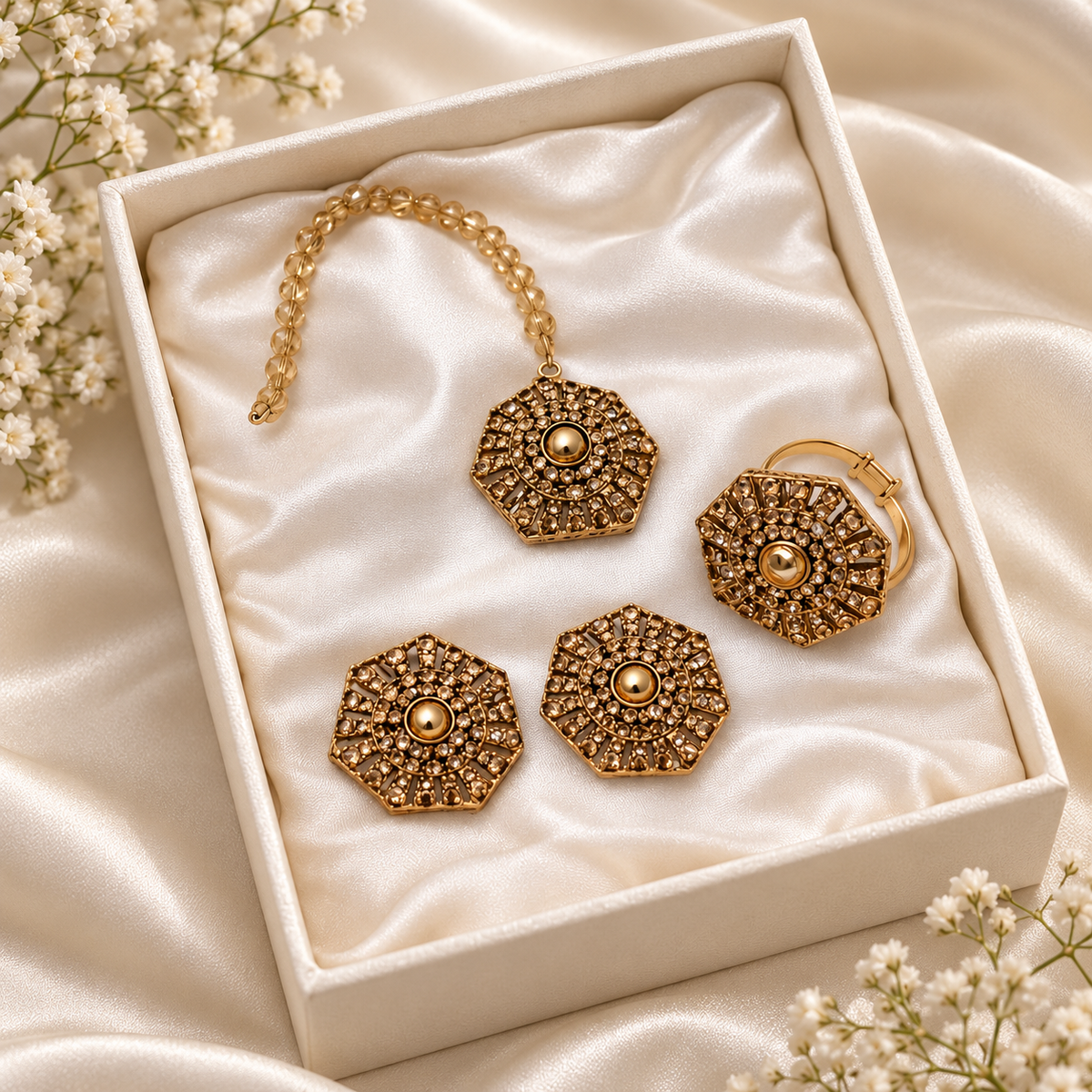Gold Plated Golden Studs Earrings & Bindiya With Adjustable Ring-01