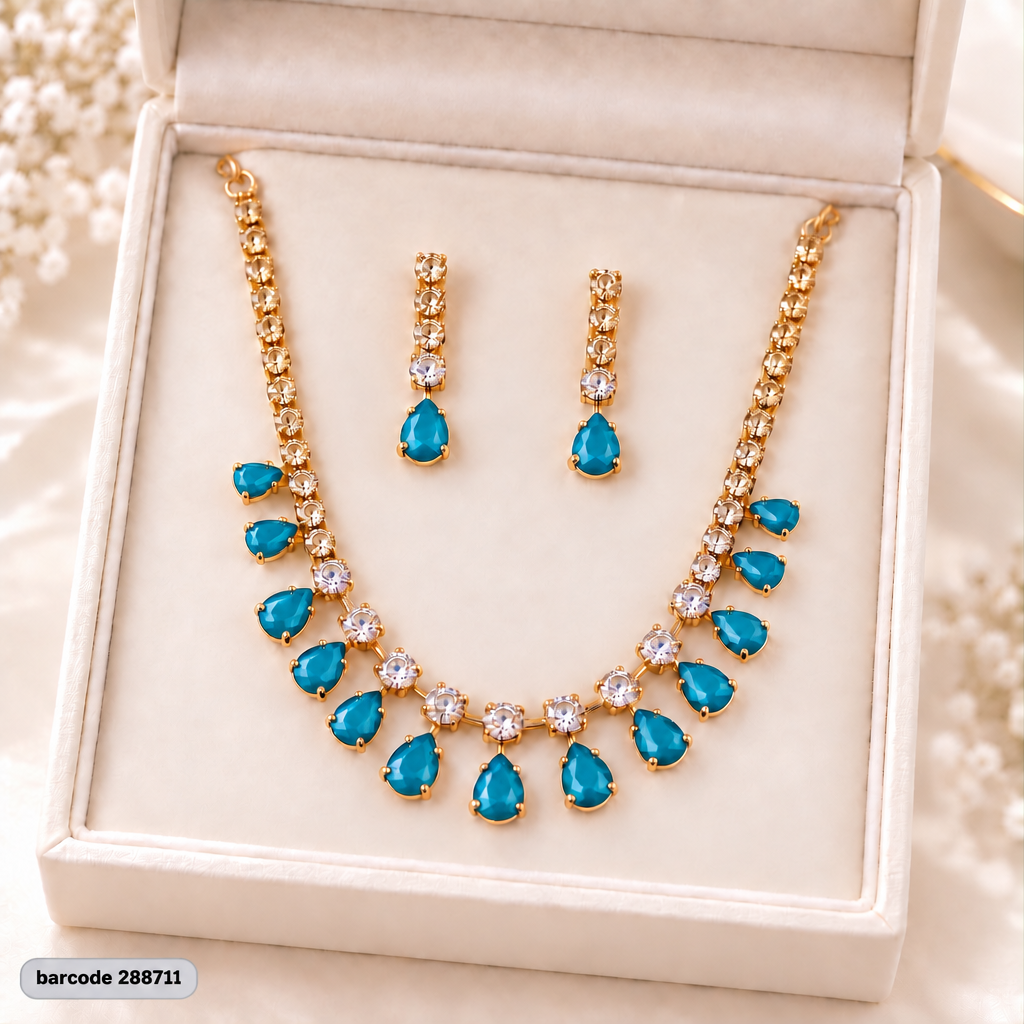 Zircon Necklace-68 (Golden/Ferozi)