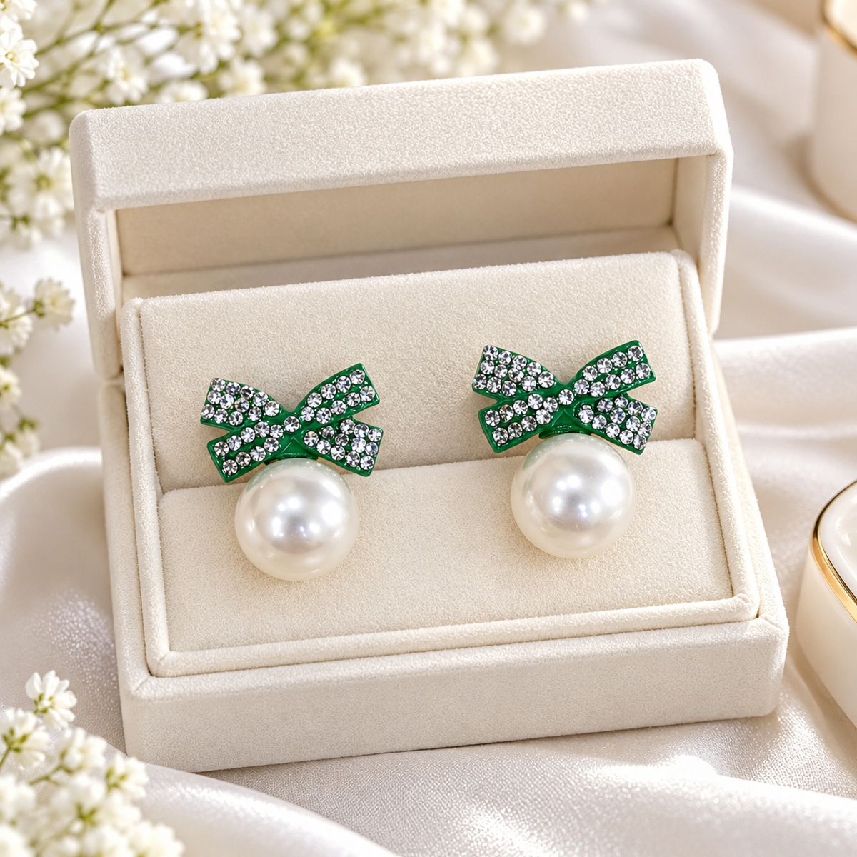 Bow Pearl Studs (Green)