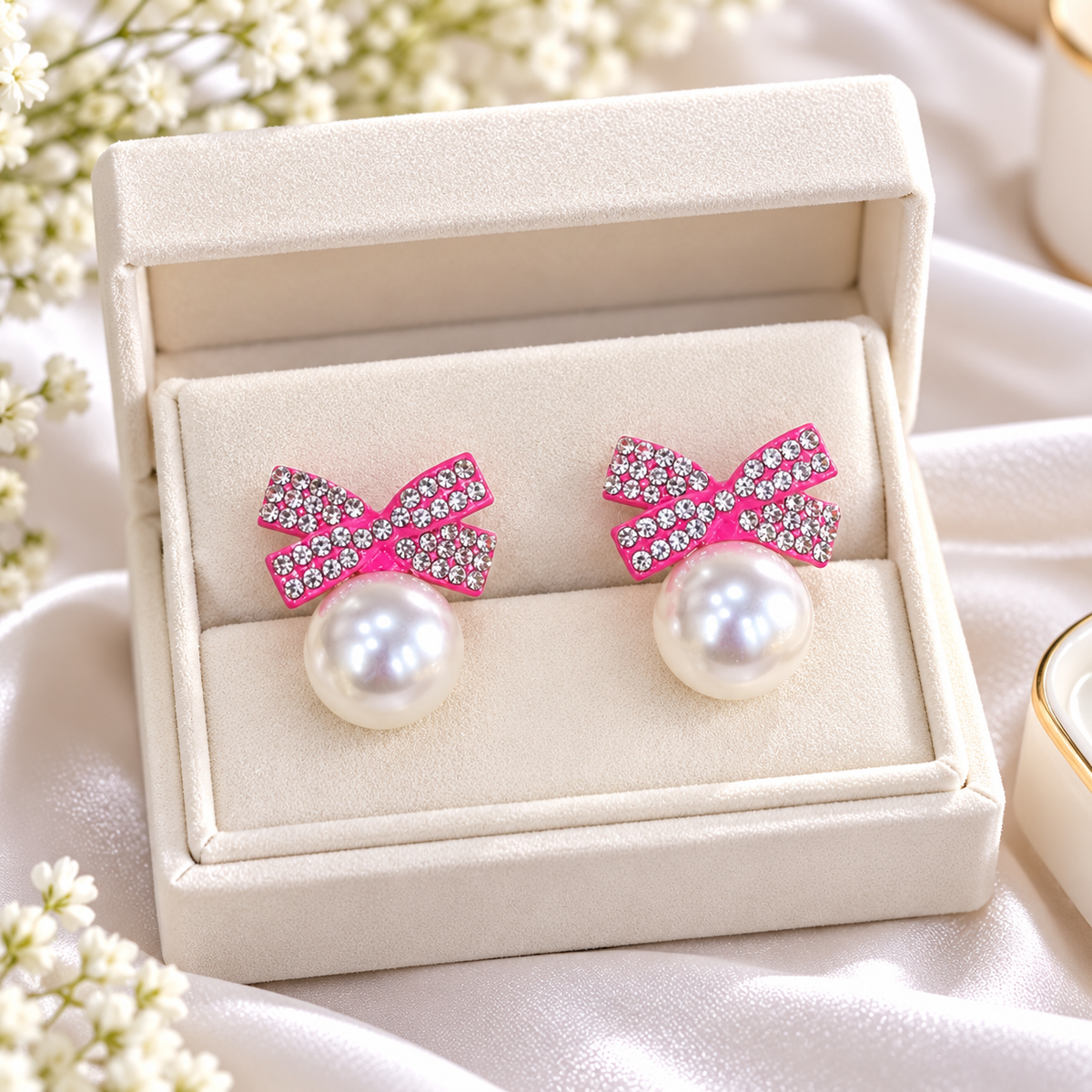 Bow Pearl Studs (Pink)