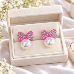 Bow Pearl Studs (Pink)
