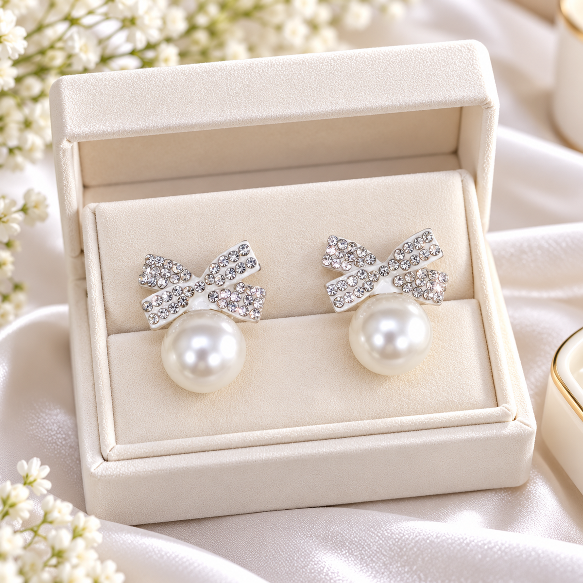 Bow Pearl Studs (White)