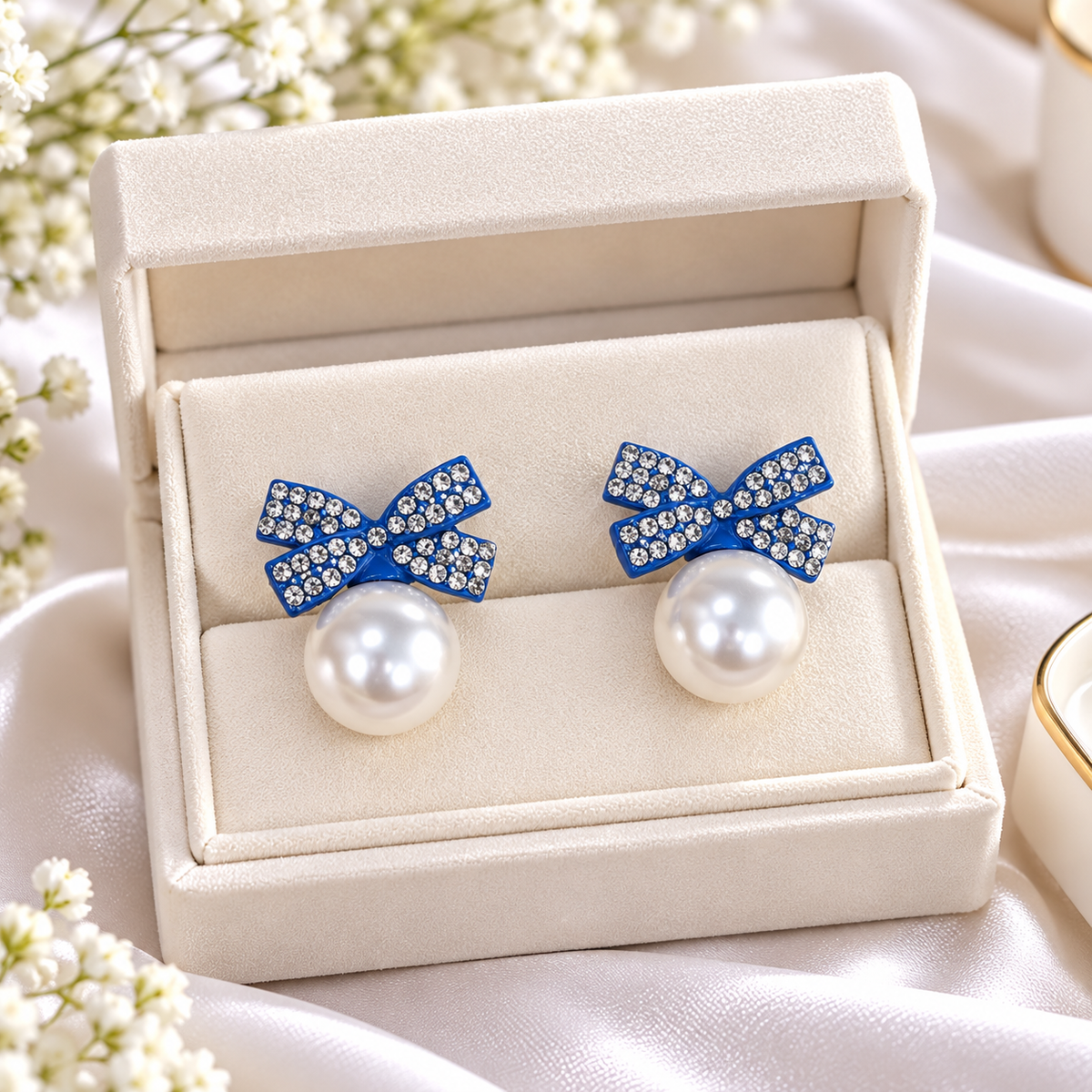 Bow Pearl Studs (Blue)