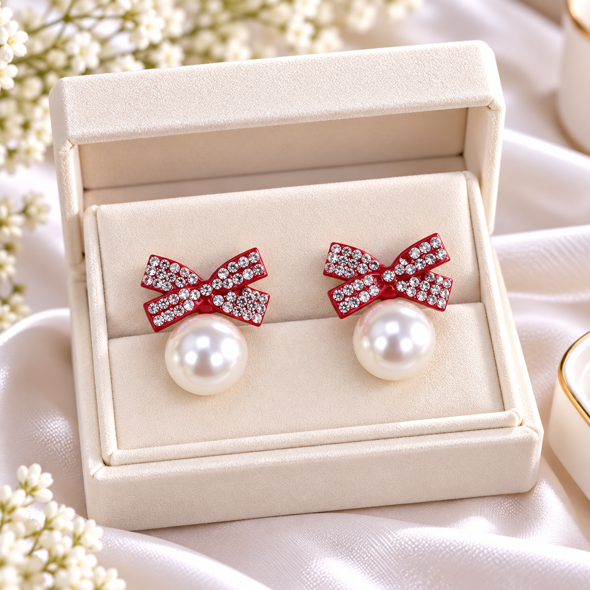 Bow Pearl Studs (Maroon)