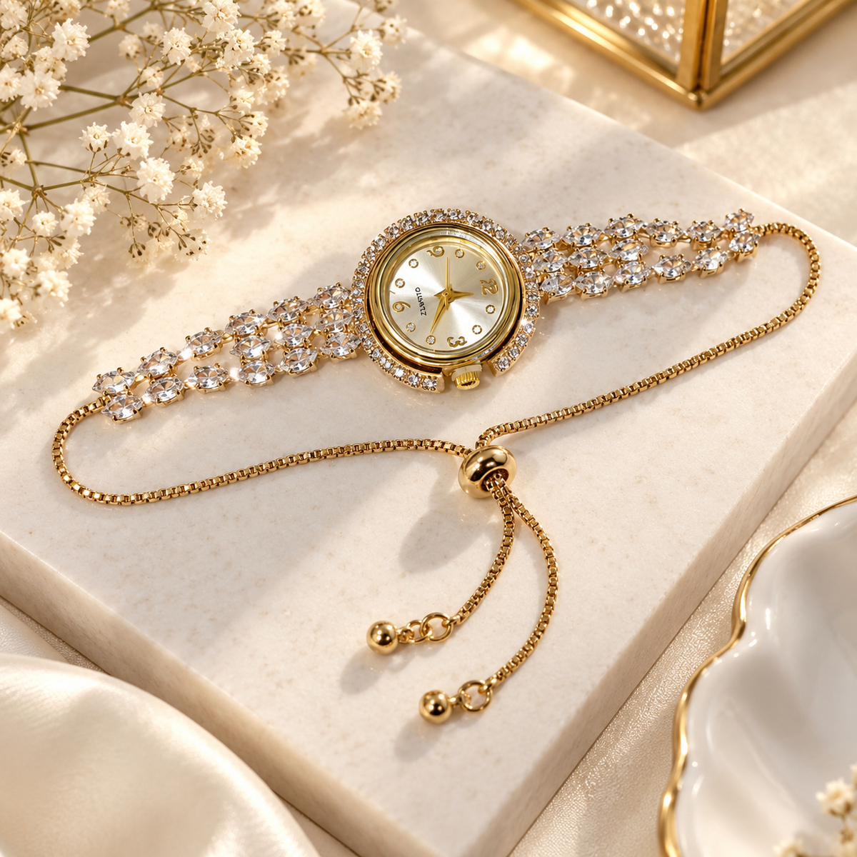 Zircon Adjustable Watch-04 (Golden/White)