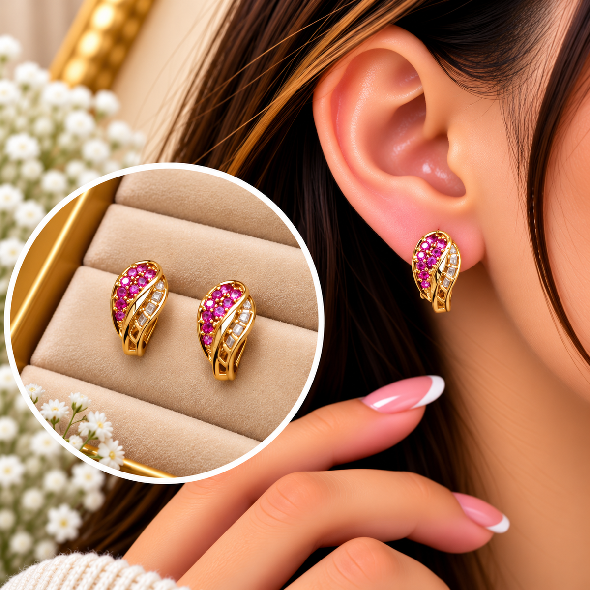 Zircon Hoop Earring-309 (Pink)