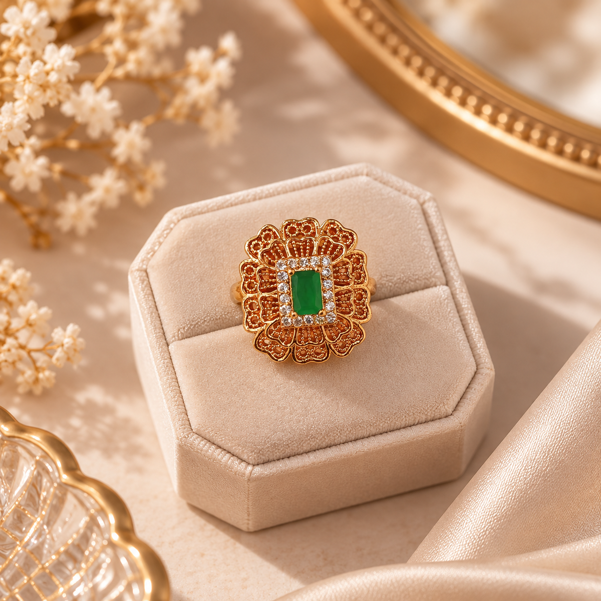 Zircon Ring-487 (Golden/Green)