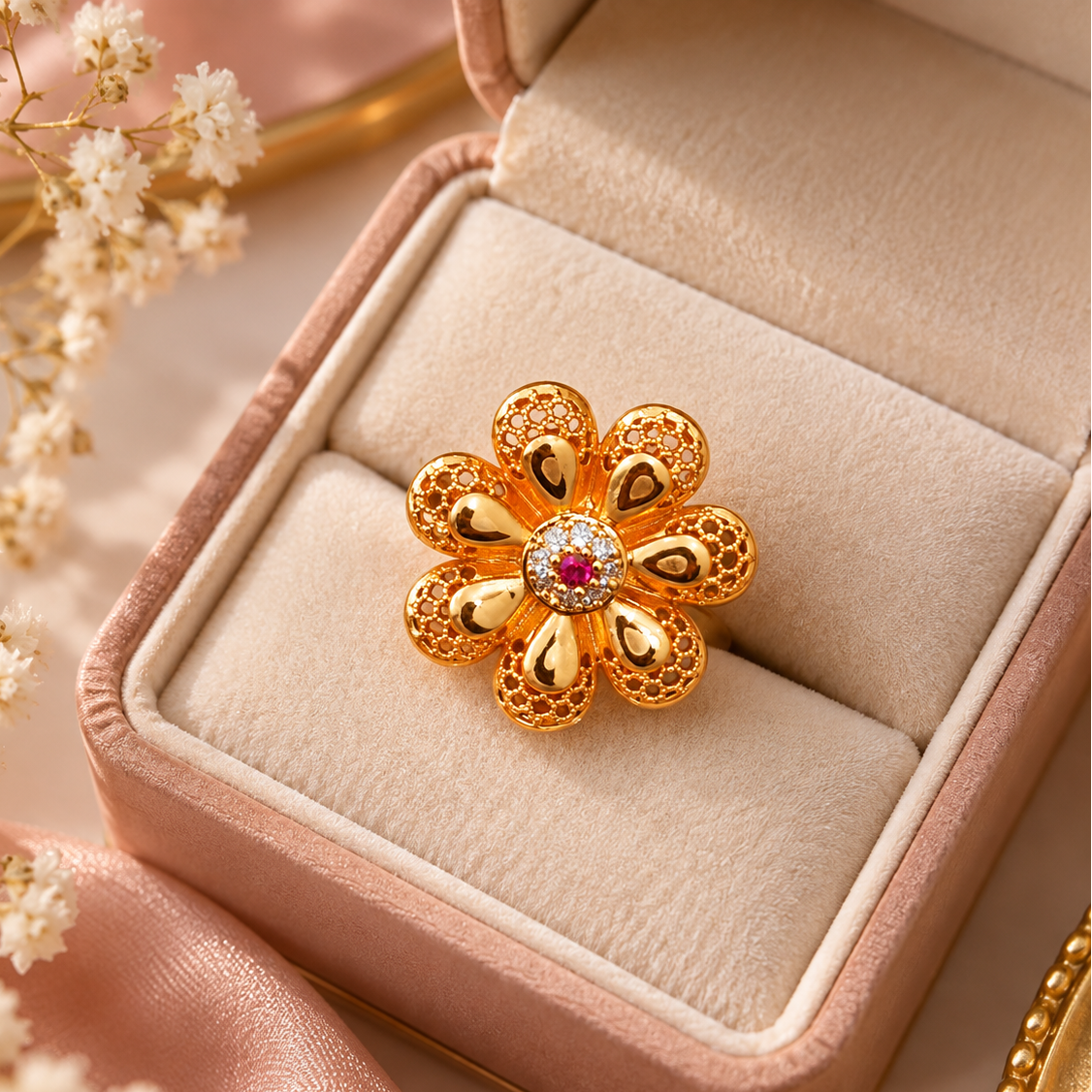 Zircon Ring-486 (Golden/Pink)
