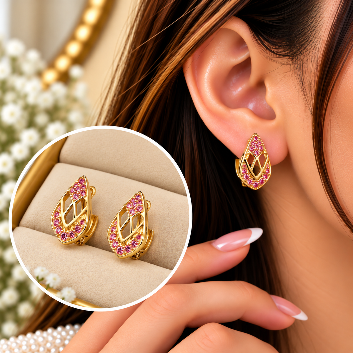 Zircon Hoop Earring-290 (Pink)