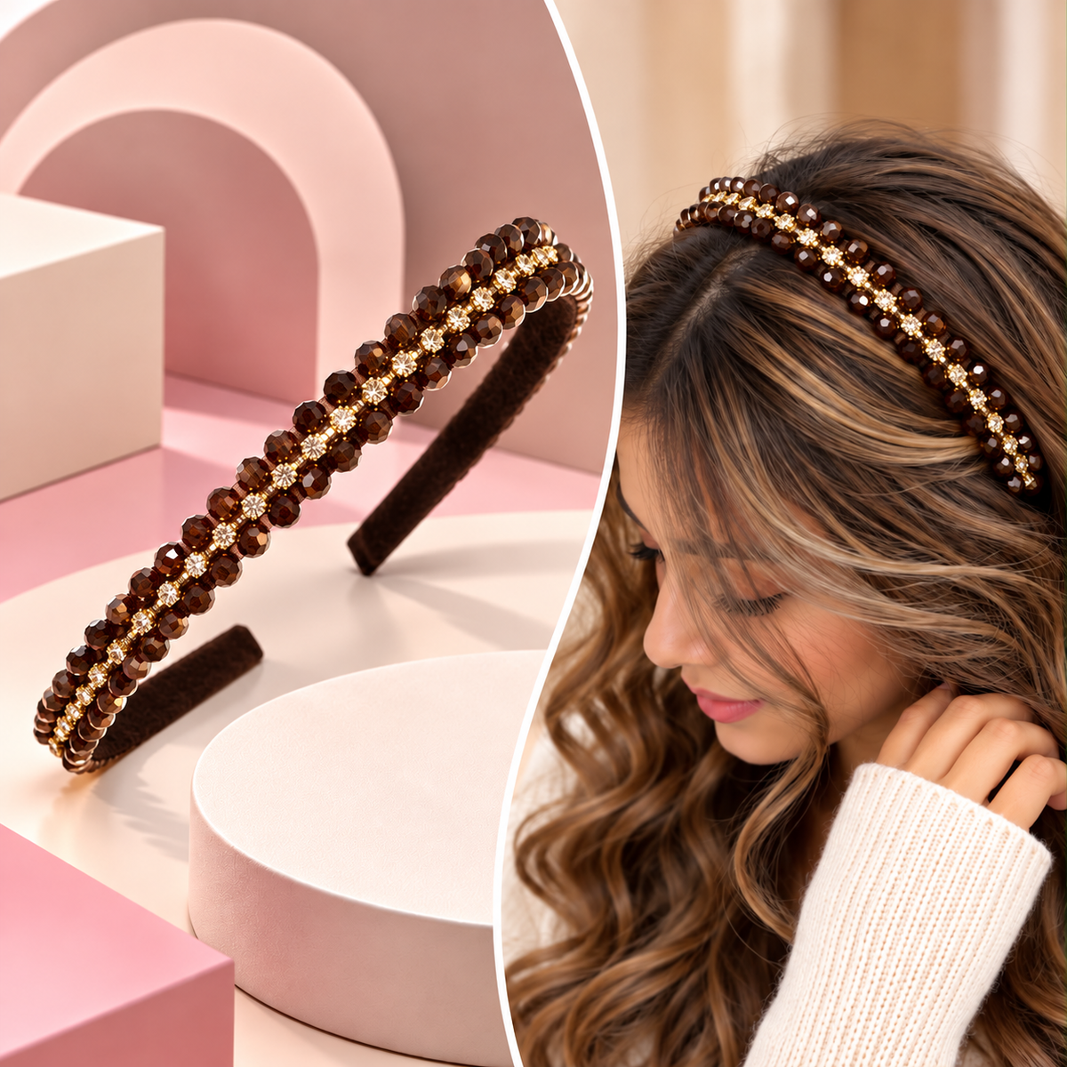 Crystal Beaded Headband (Brown)