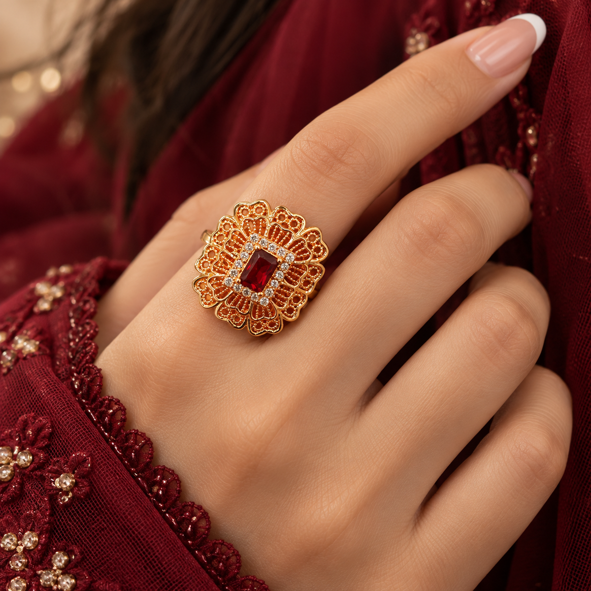 Zircon Ring-487 (Golden/Maroon)