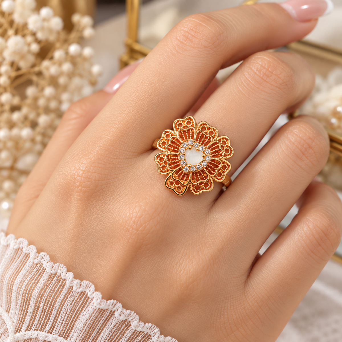 Zircon Ring-484 (Golden/Off White)