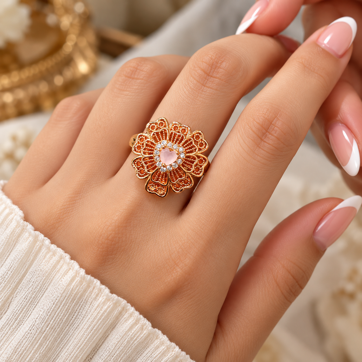 Zircon Ring-484 (Golden/Baby Pink)