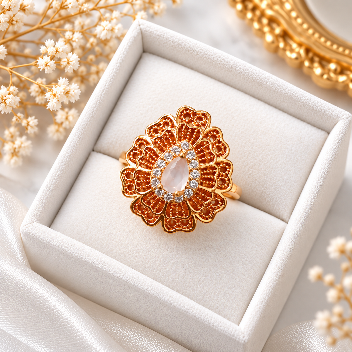Zircon Ring-483 (Golden/Off White)