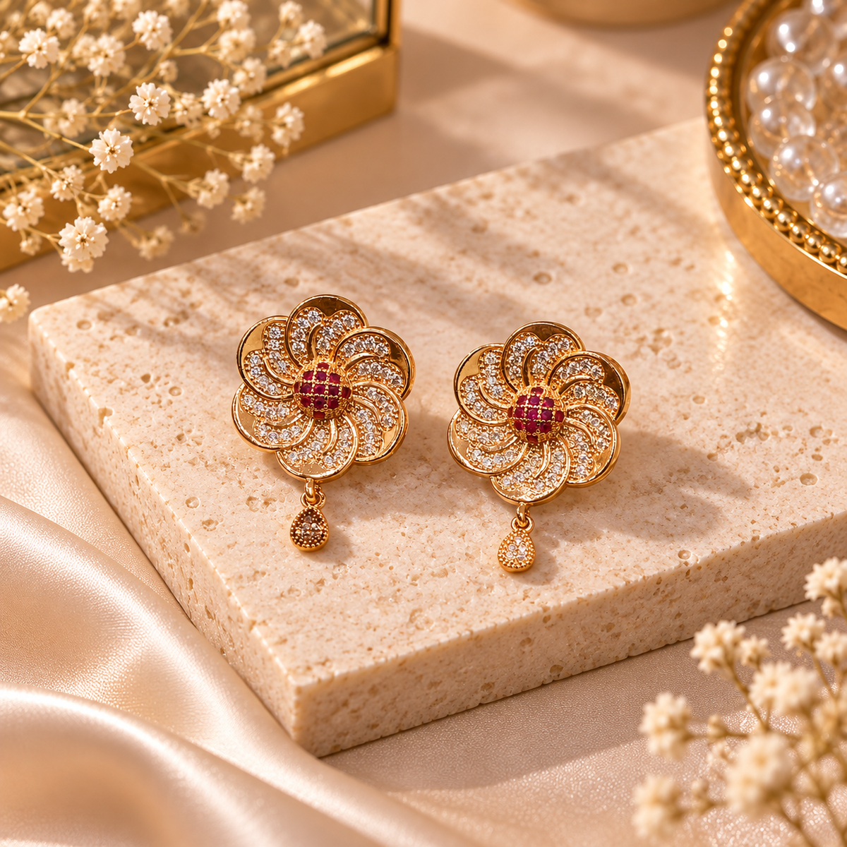 Zircon Earring-285 (Golden/Maroon)