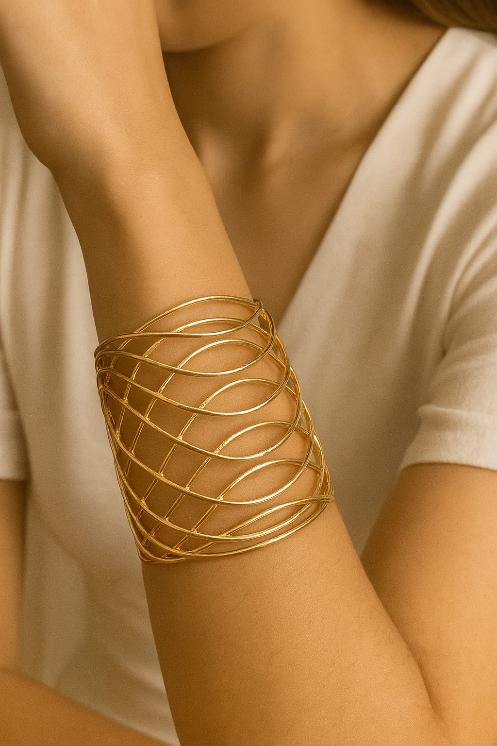 Metallic Texture Gold-Tone Stainless Steel Cuff Bracelet-12