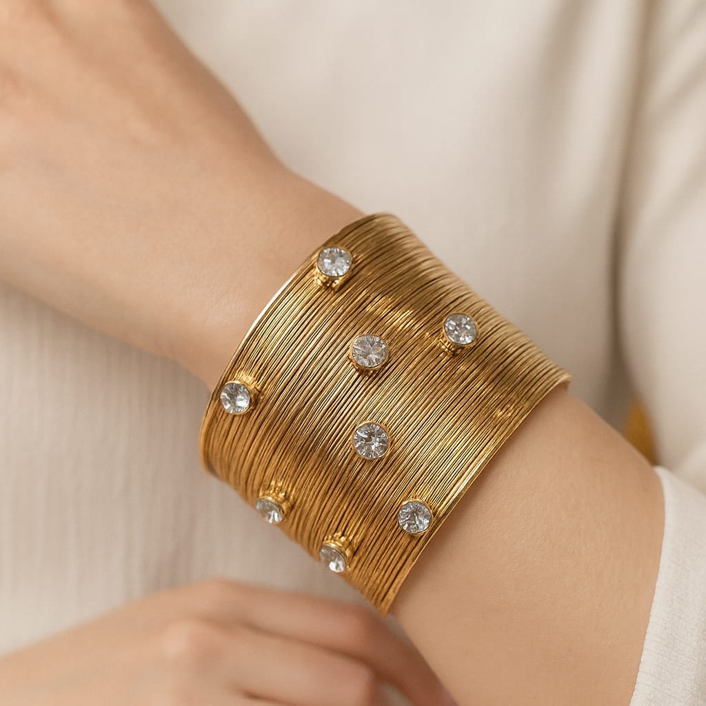 Metallic Texture Gold-Tone Stainless Steel Cuff Bracelet-14