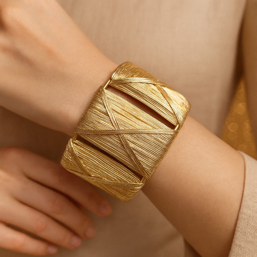 Metallic Texture Gold-Tone Stainless Steel Cuff Bracelet-10