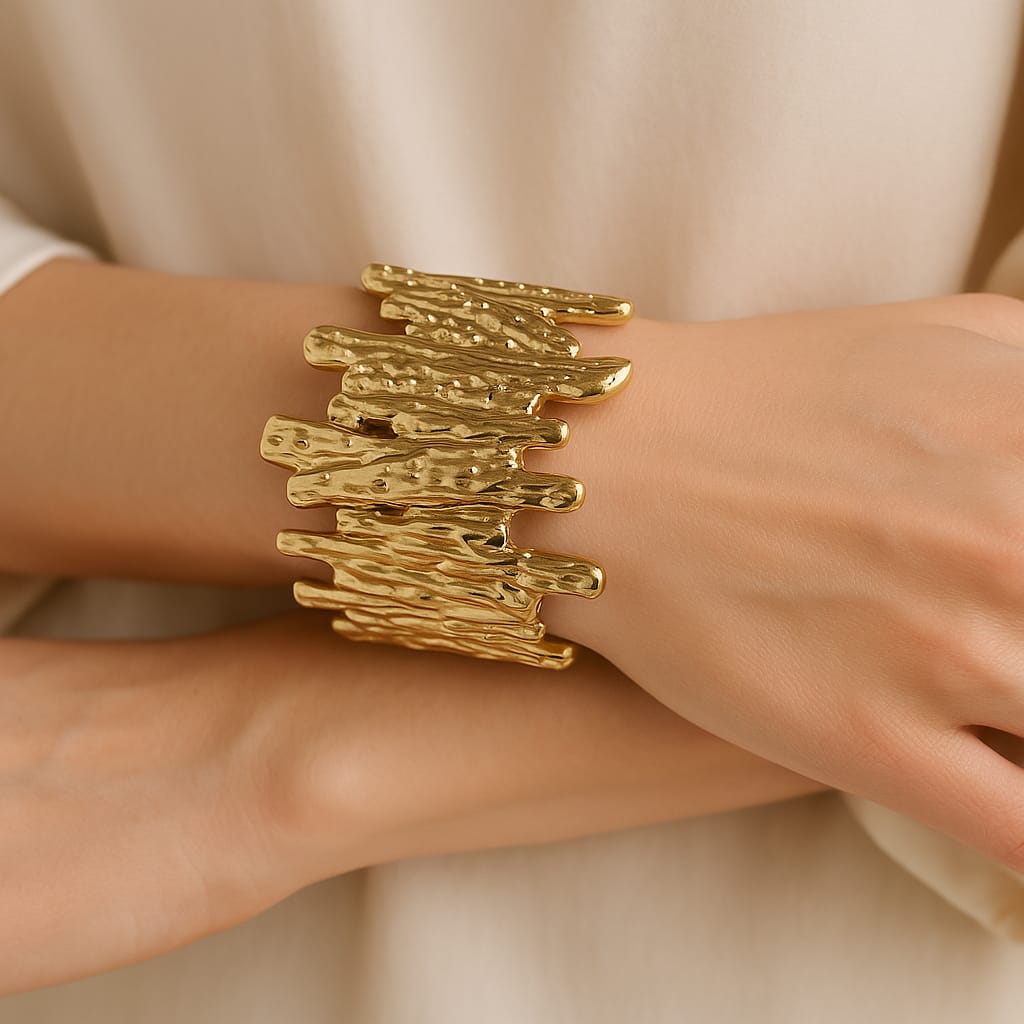 Metallic Texture Gold-Tone Stainless Steel Cuff Bracelet-08