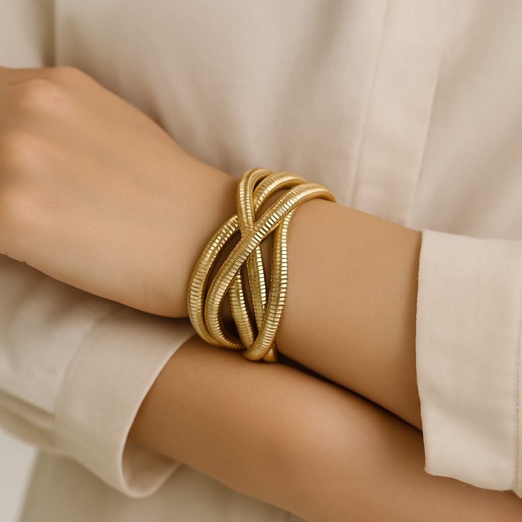 Metallic Texture Gold-Tone Stainless Steel Cuff Bracelet-04