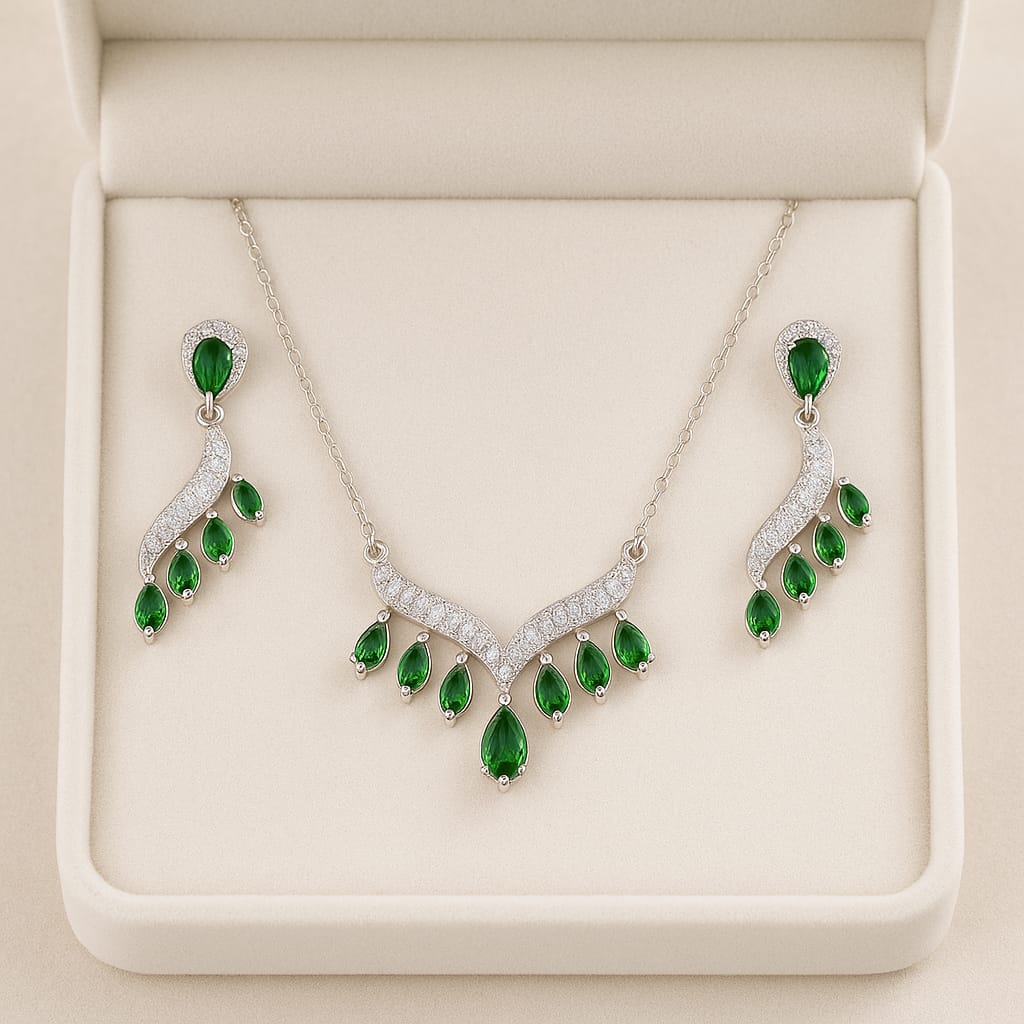 Zircon Locket Set-116 (Silver) (Green)