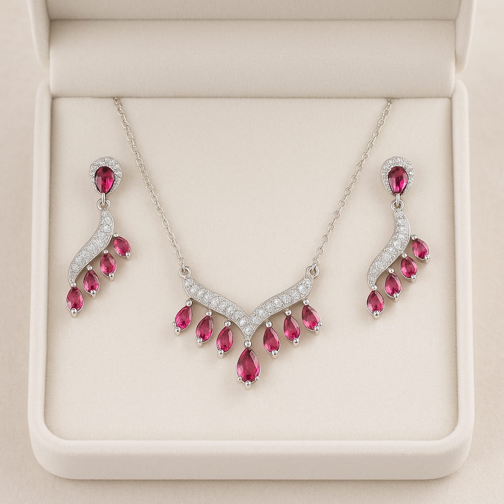 Zircon Locket Set-116 (Silver) (Pink)