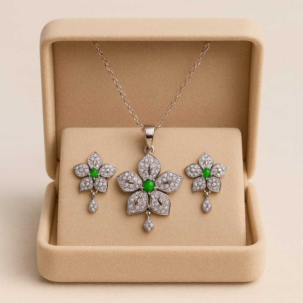 Zircon Locket Set-124 (Silver/green)