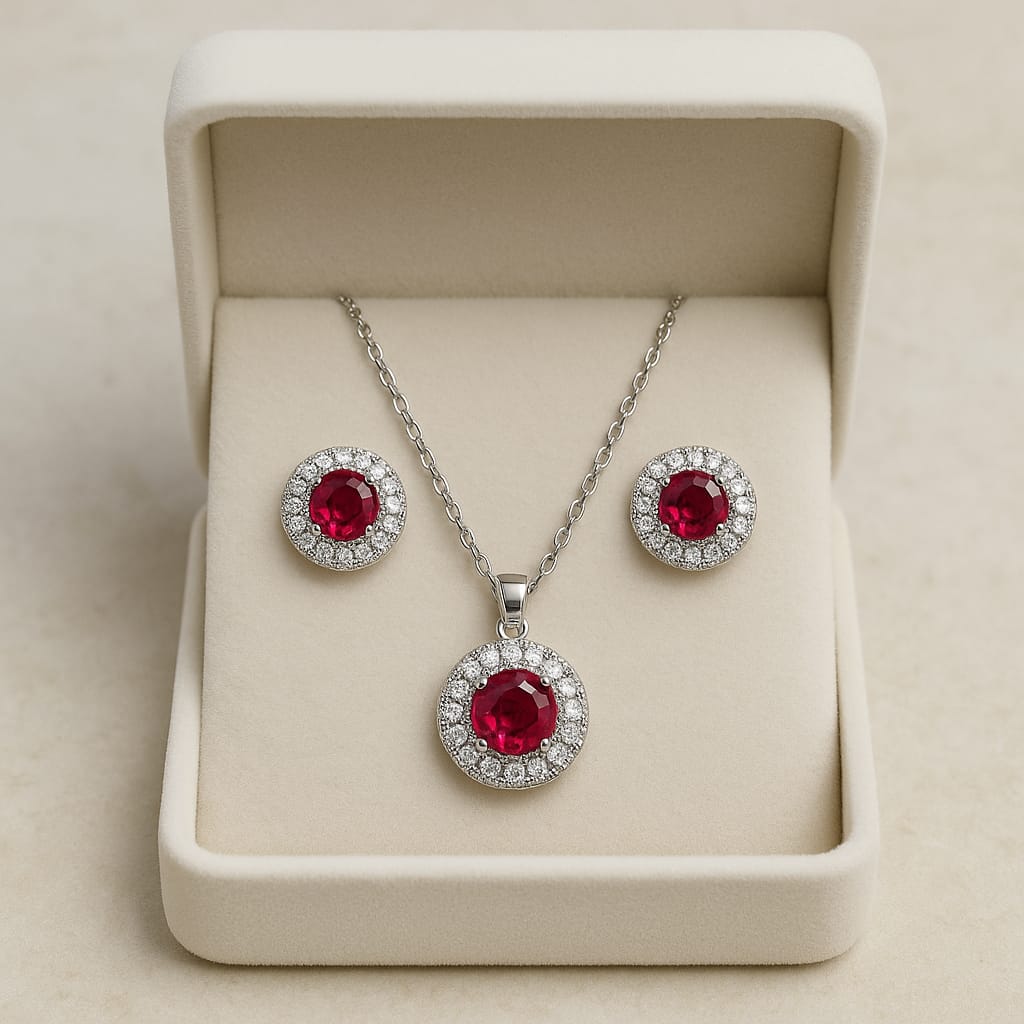 Zircon Locket Set-125 (Silver/Maroon)