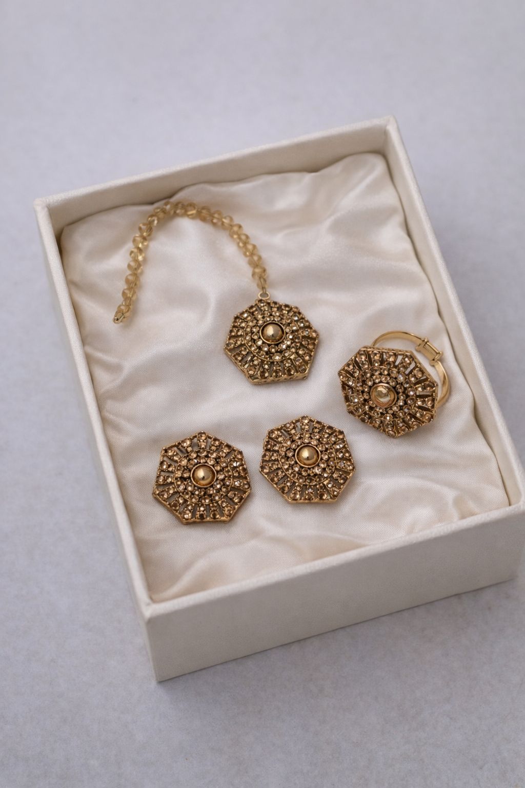 Gold Plated Golden Studs Earrings & Bindiya With Adjustable Ring-01